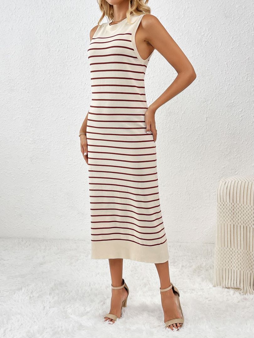 Fine Stripe Knit Tank Maxi Dress With Slit - Coffee - 1