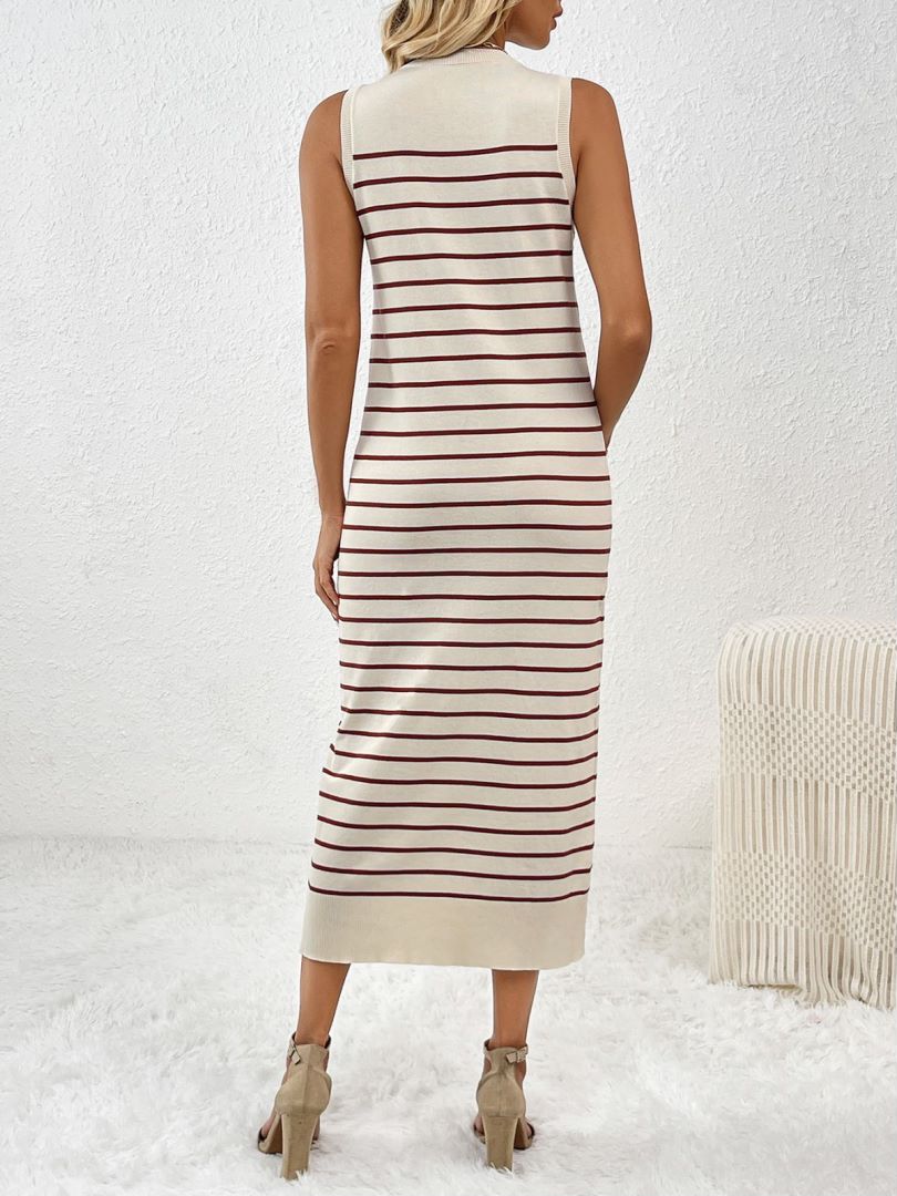 Fine Stripe Knit Tank Maxi Dress With Slit - Coffee - 2