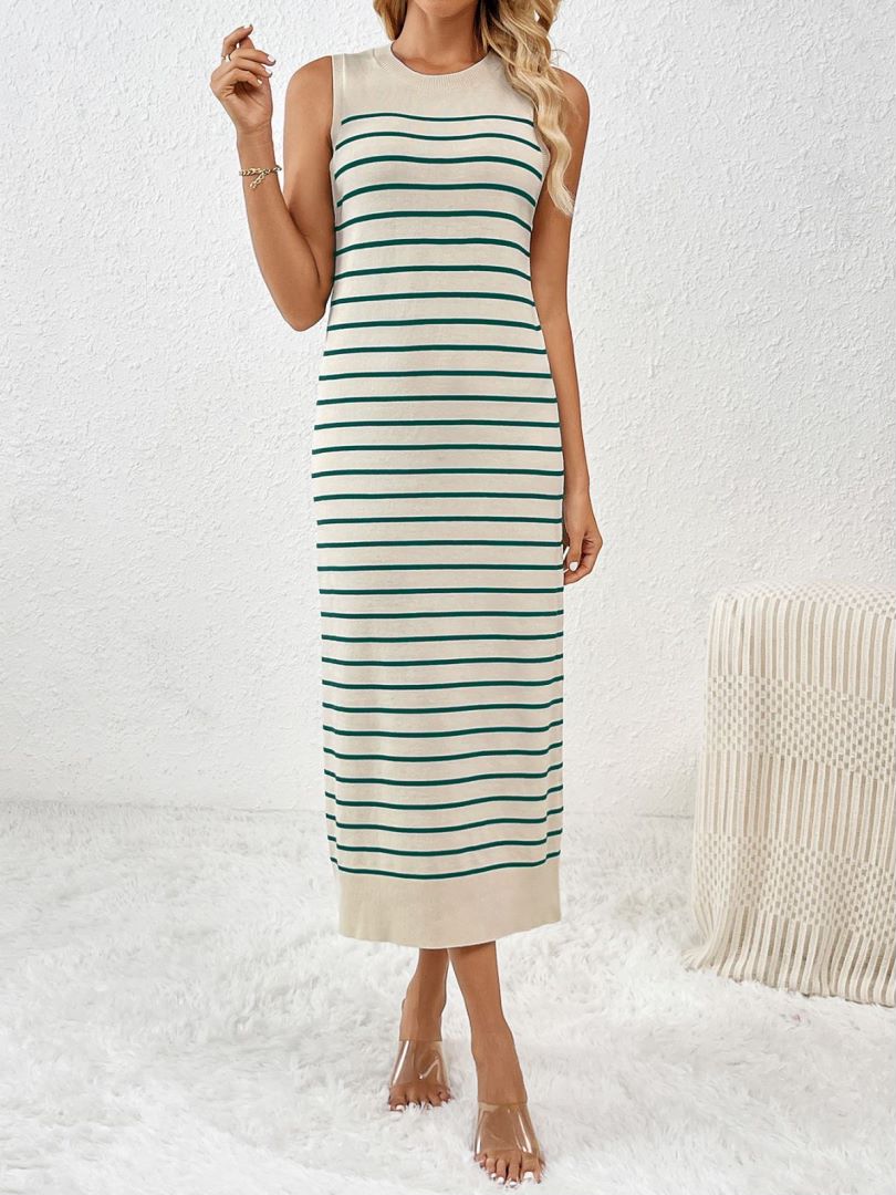 Fine Stripe Knit Tank Maxi Dress With Slit - Green