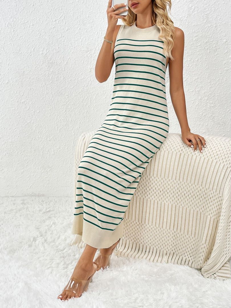Fine Stripe Knit Tank Maxi Dress With Slit - Green - 1