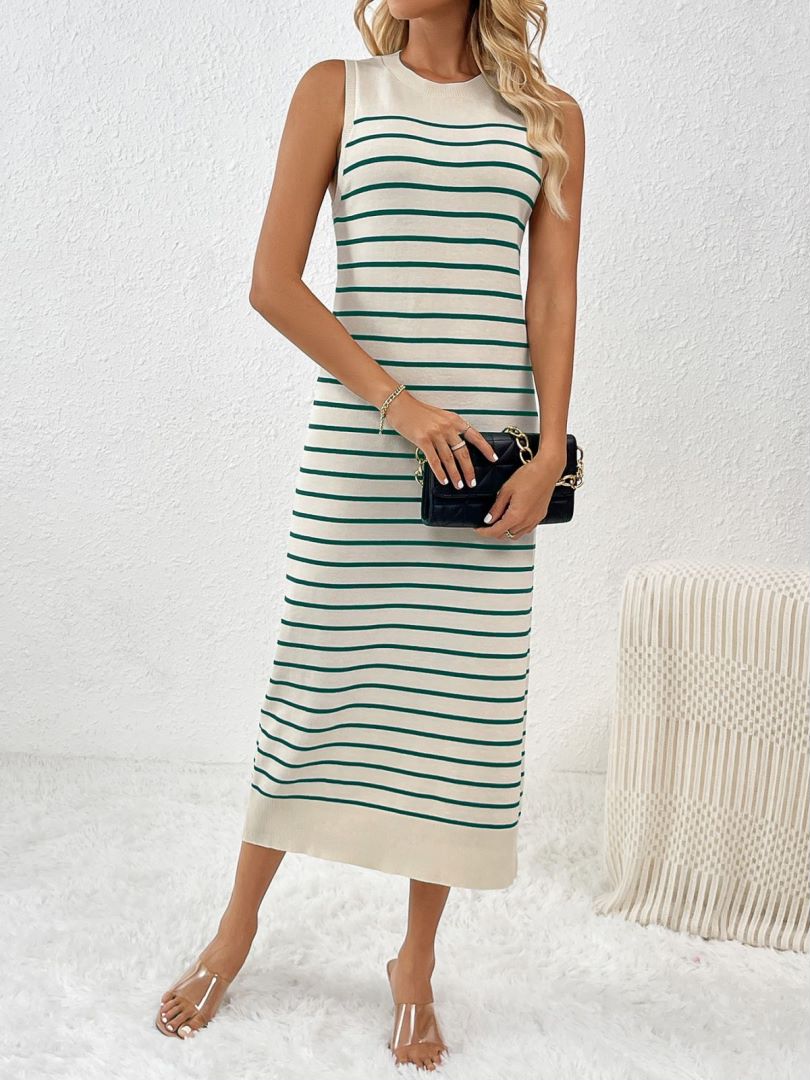 Fine Stripe Knit Tank Maxi Dress With Slit - Green - 2