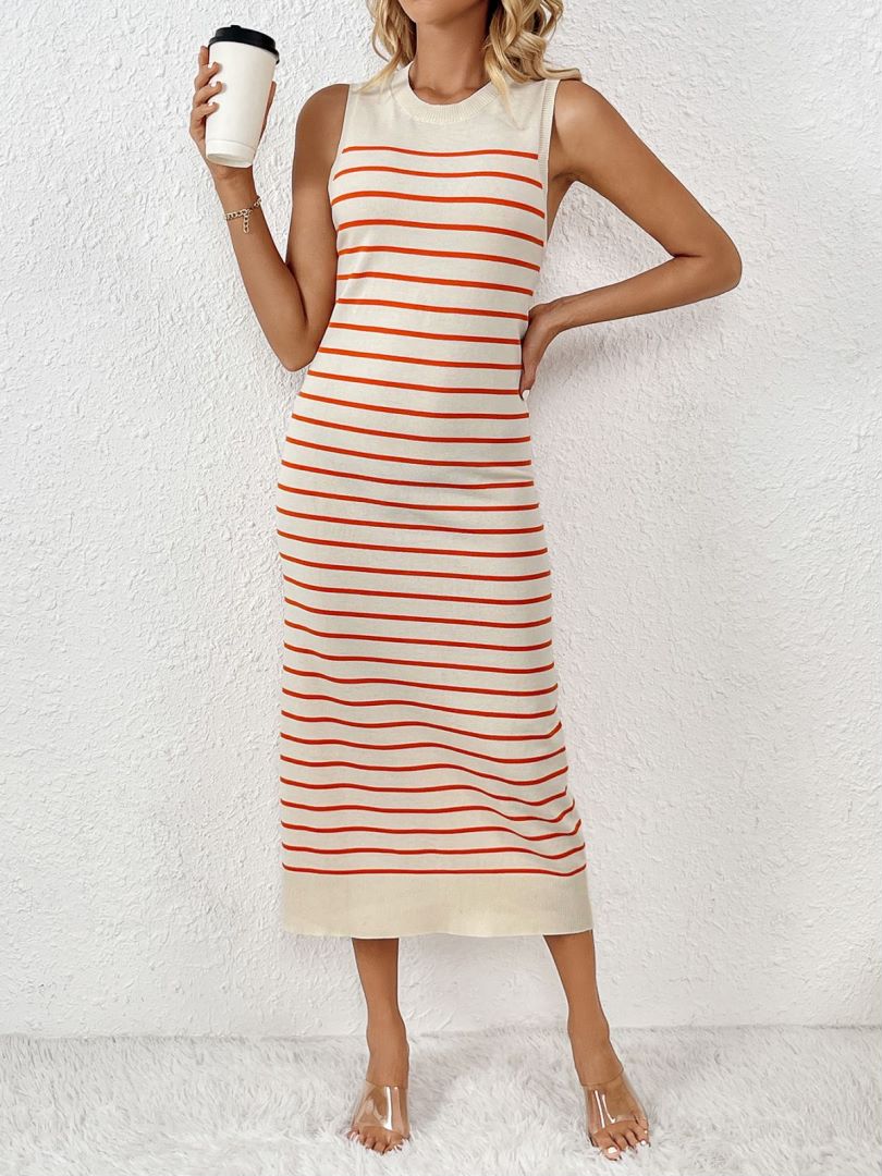 Fine Stripe Knit Tank Maxi Dress With Slit - Orange - 2