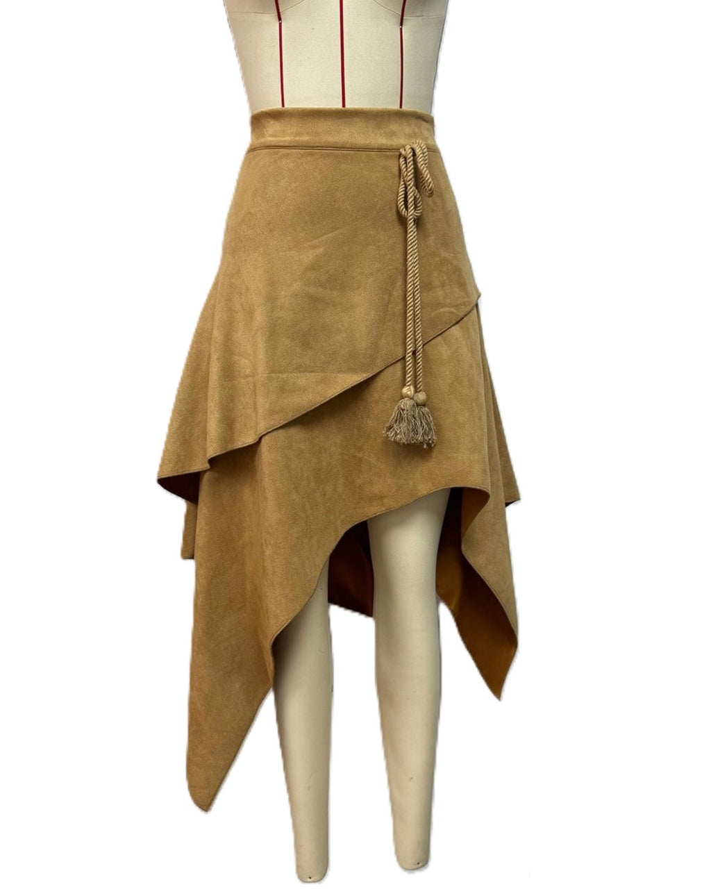 Western Faux Suede Asymmetric Hem Midi Skirt - Khaki