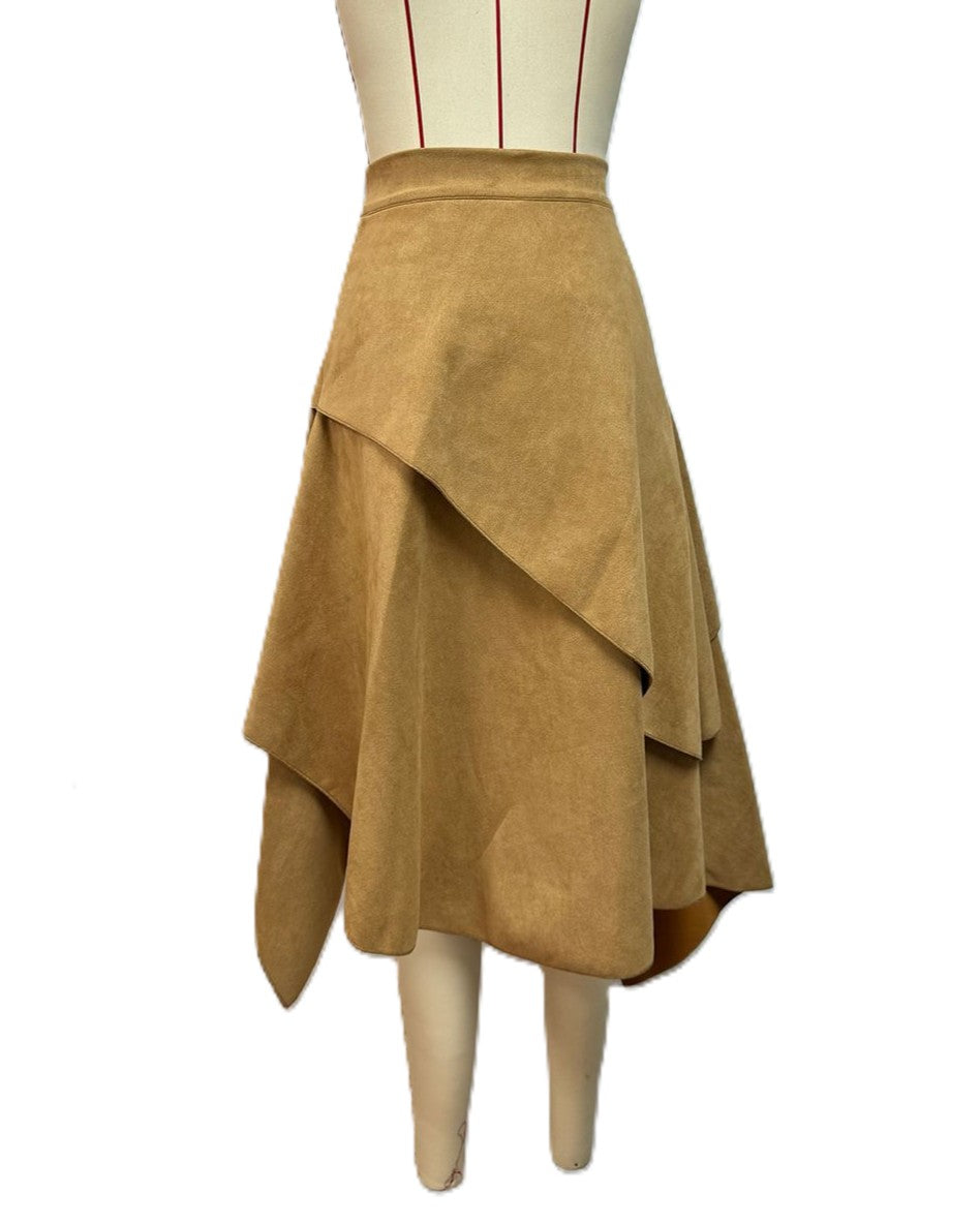 Western Faux Suede Asymmetric Hem Midi Skirt - Khaki - 1