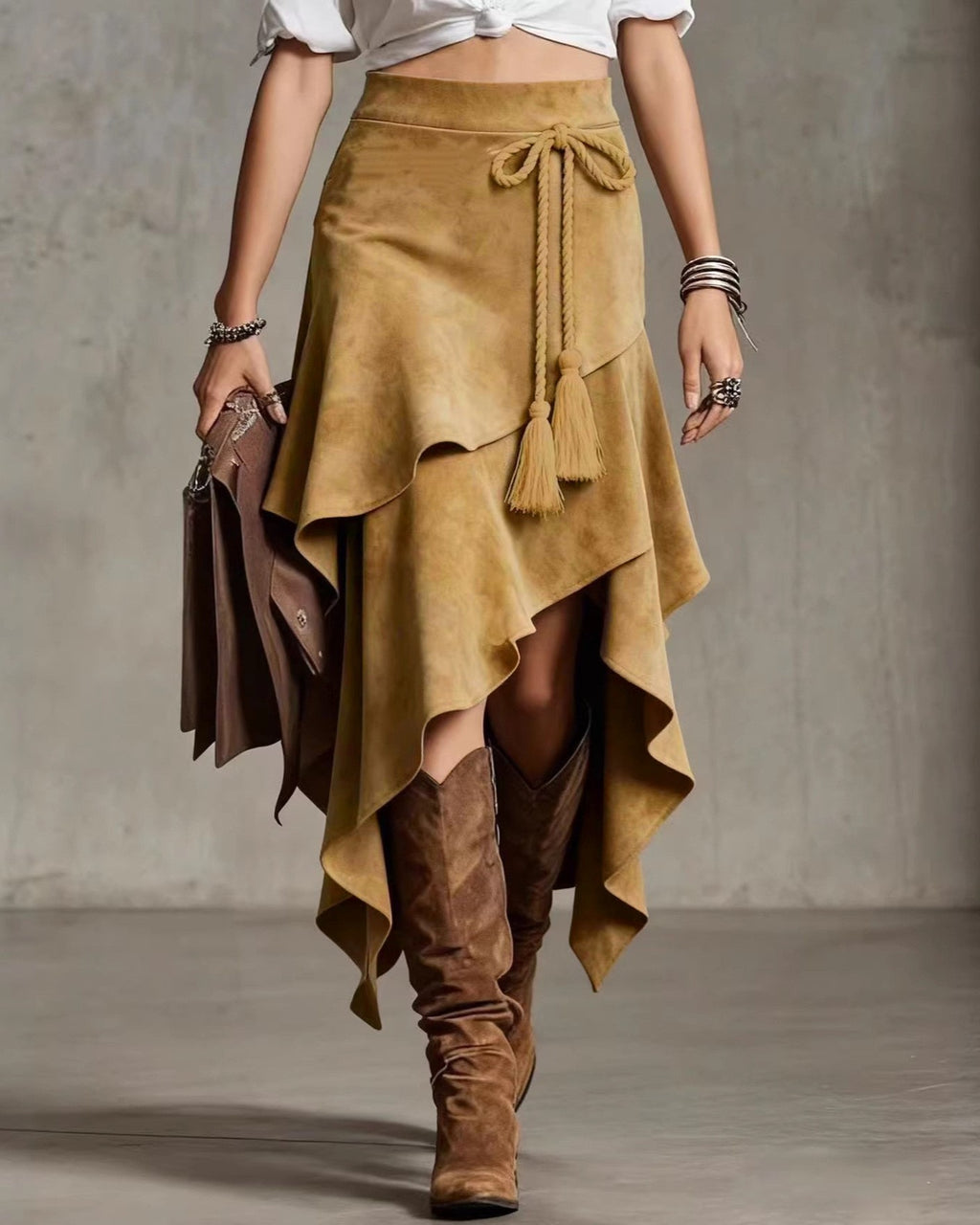 Western Faux Suede Asymmetric Hem Midi Skirt - Khaki - 2