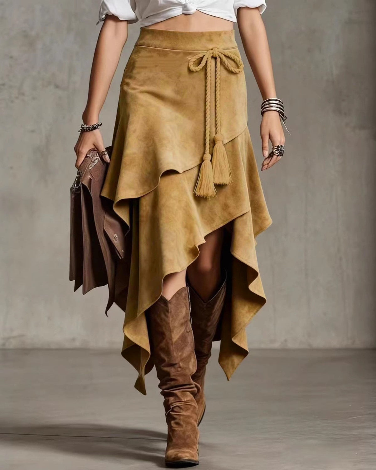 Western Faux Suede Asymmetric Hem Midi Skirt - Khaki - 2