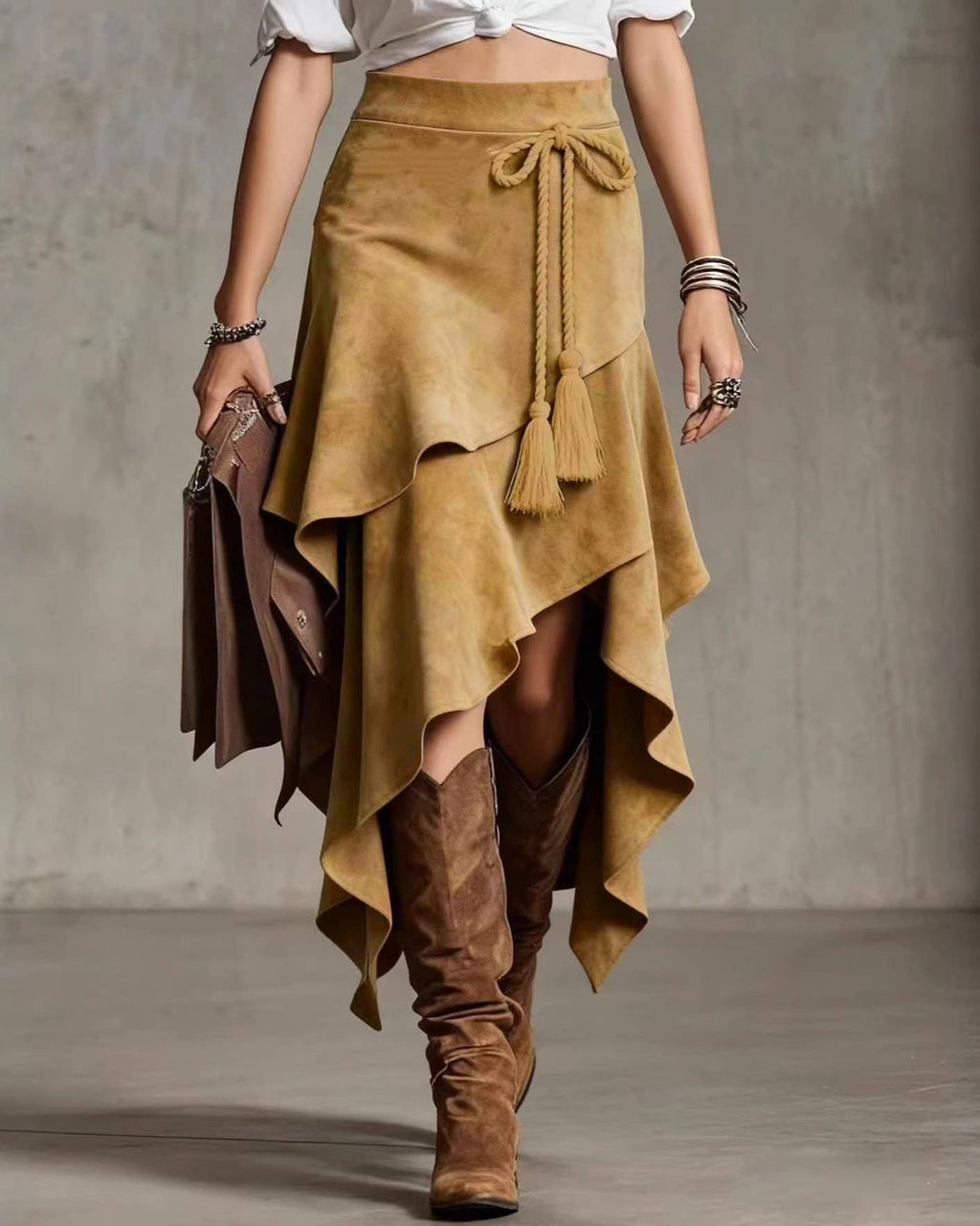 Western Faux Suede Asymmetric Hem Midi Skirt