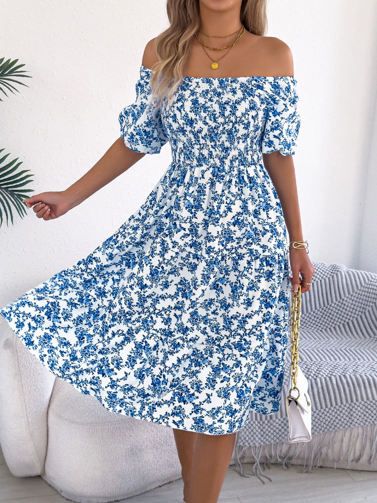 Floral Puff Sleeve Tiered Midi Sundress - Blue