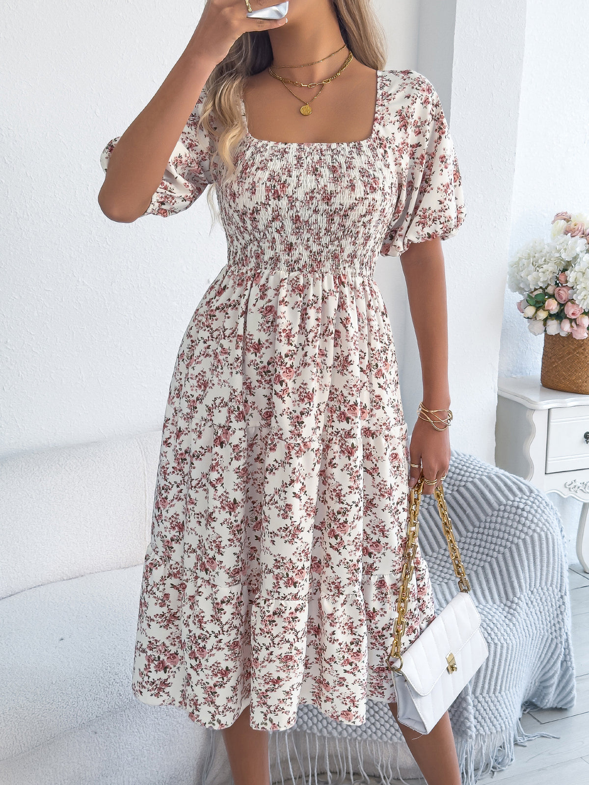 Floral Puff Sleeve Tiered Midi Sundress - White