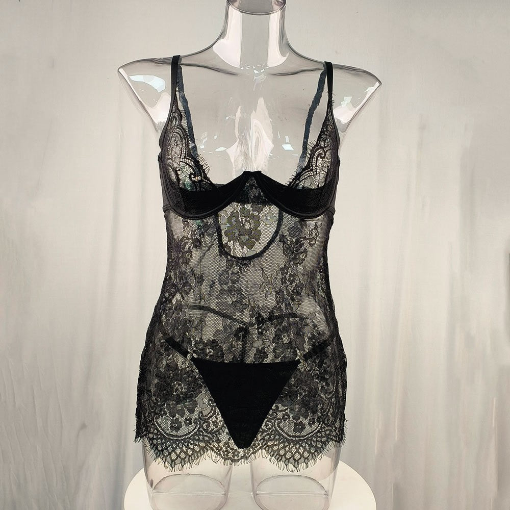 Eyelash Lace Underwire Chemise And Thong Set - Black Long