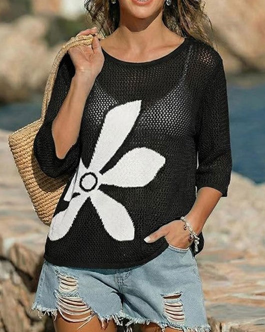 Sheer Flower Knit Beach Pullover Top - Black - 1