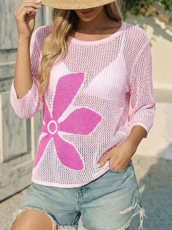 Sheer Flower Knit Beach Pullover Top - Pink