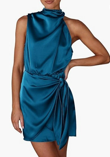 Satin Mock Neck Halter Tie Wrap Mini Dress - Peacock Blue