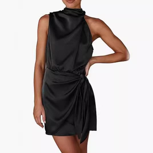 Satin Mock Neck Halter Tie Wrap Mini Dress