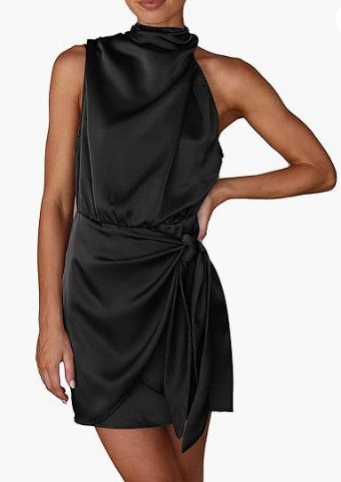 Satin Mock Neck Halter Tie Wrap Mini Dress