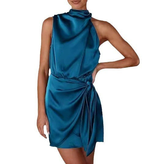 Satin Mock Neck Halter Tie Wrap Mini Dress