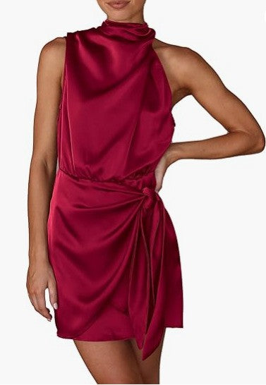 Satin Mock Neck Halter Tie Wrap Mini Dress