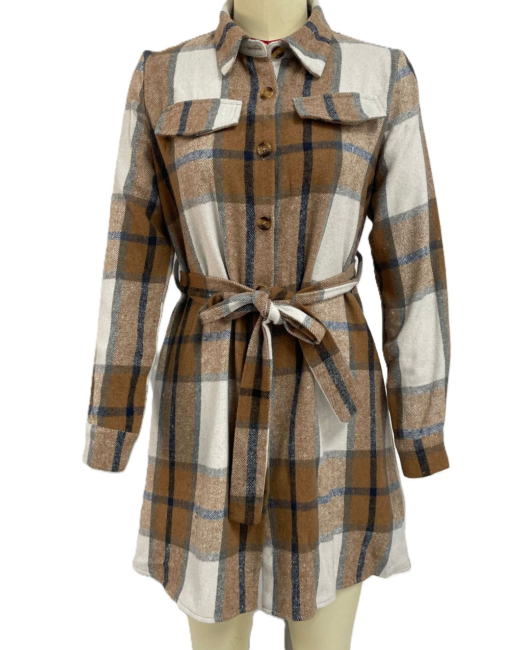 Belted Plaid Collared Long Sleeve Shirt Dress - Brown