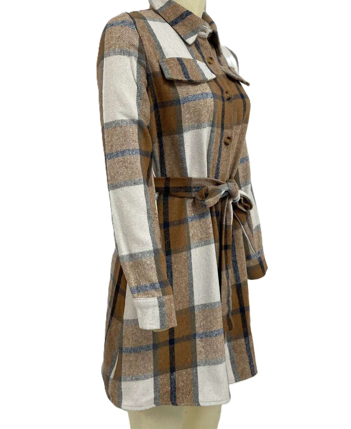 Belted Plaid Collared Long Sleeve Shirt Dress - Brown - 1