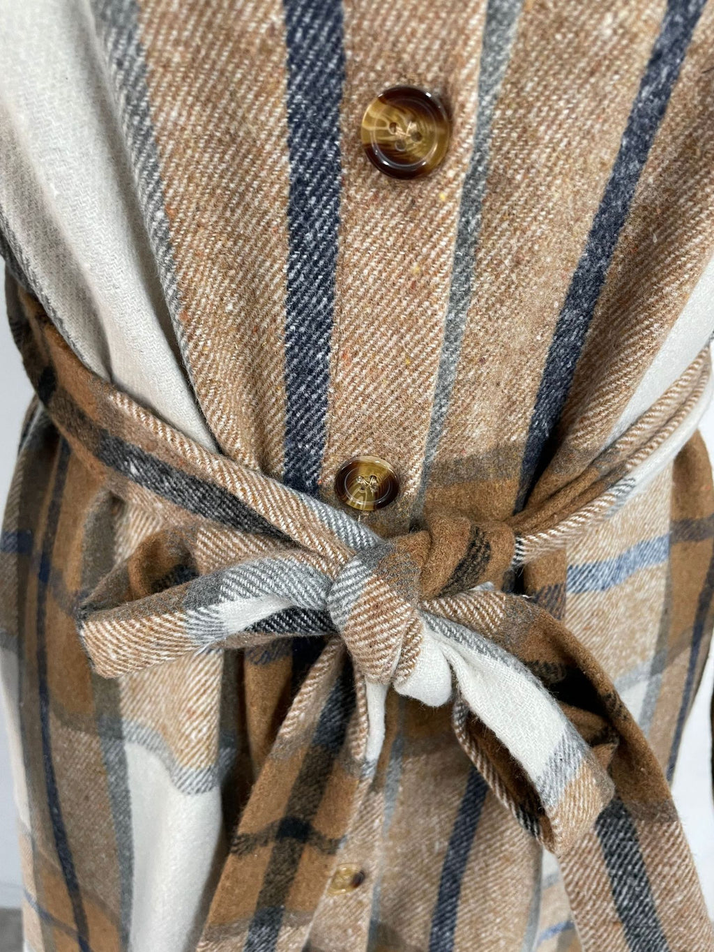 Belted Plaid Collared Long Sleeve Shirt Dress - Brown - 2