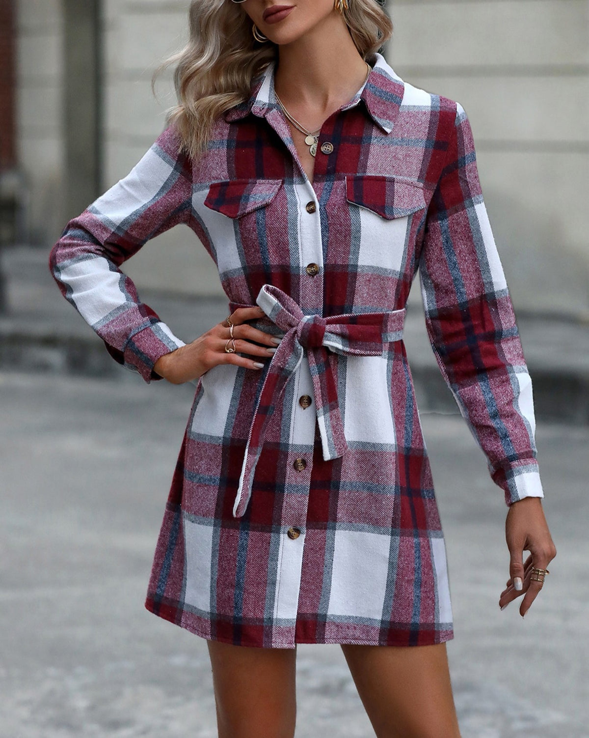 Belted Plaid Collared Long Sleeve Shirt Dress - Red - 1