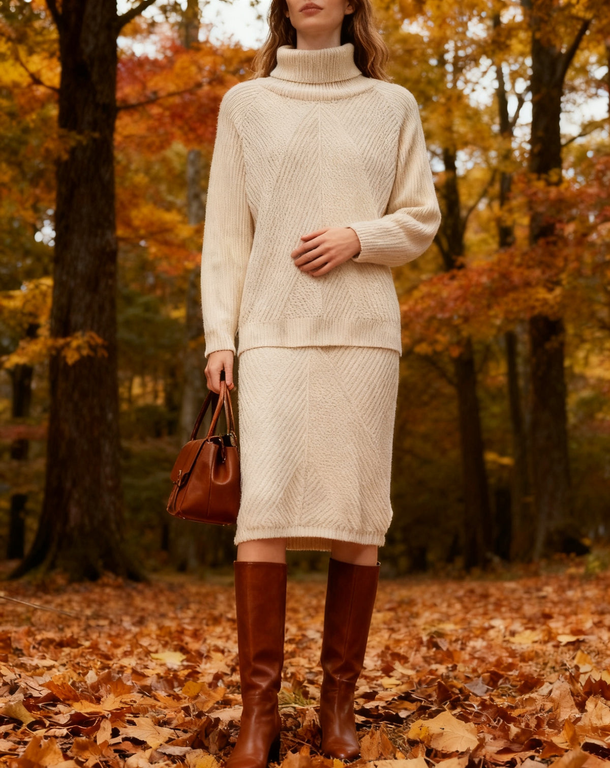 Turtleneck Knit Top and Midi Pencil Skirt Set