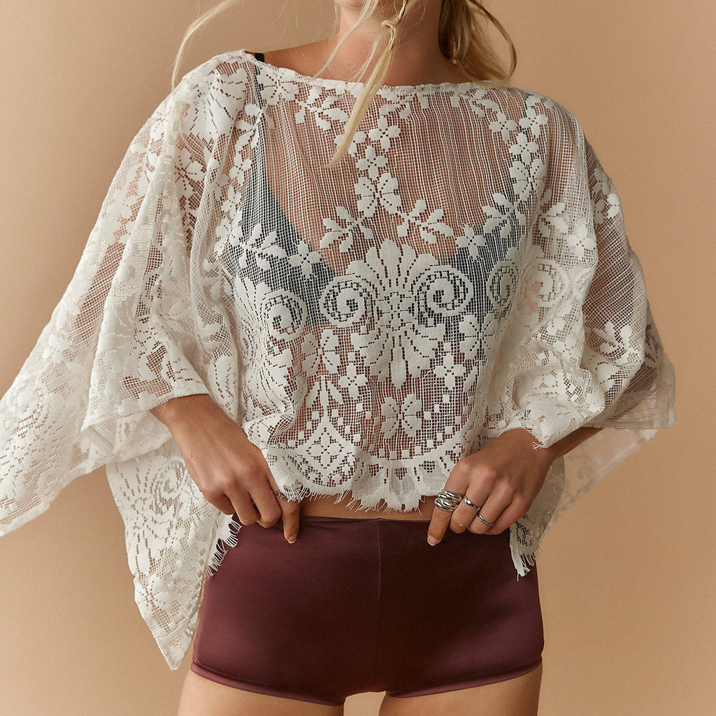 Sheer Floral Lace Cape Sleeve Crop Blouse - White - 2