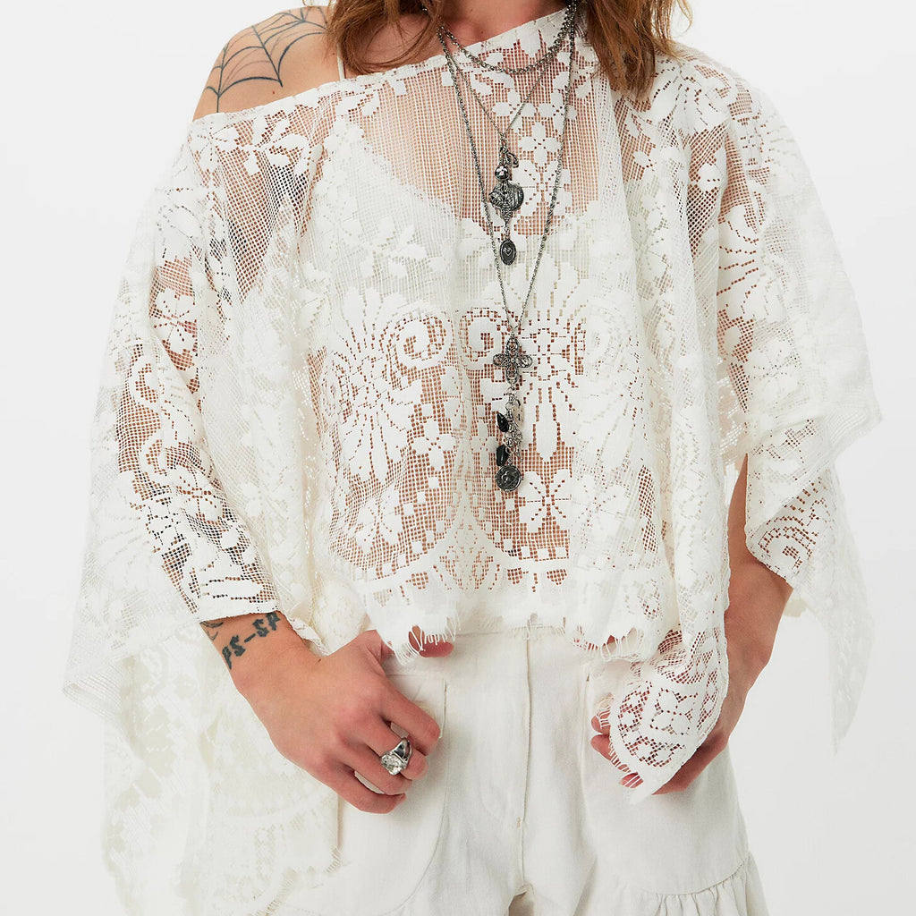 Sheer Floral Lace Cape Sleeve Crop Blouse - White - 3