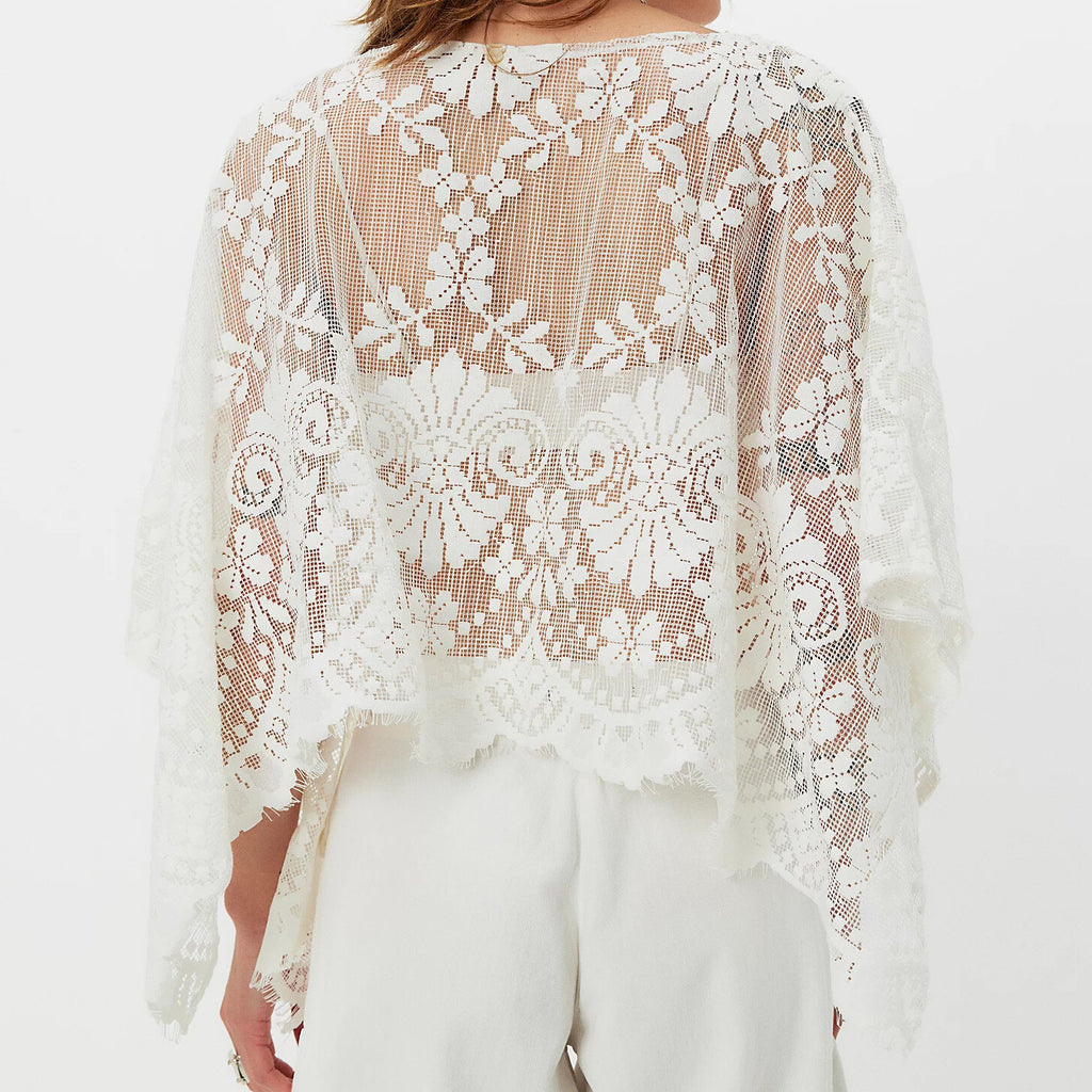 Sheer Floral Lace Cape Sleeve Crop Blouse - White - 4