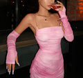 Ruched Mesh Off Shoulder Slit Maxi Dress - Pink