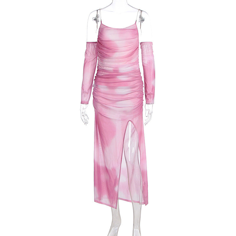 Ruched Mesh Off Shoulder Slit Maxi Dress - Pink - 4