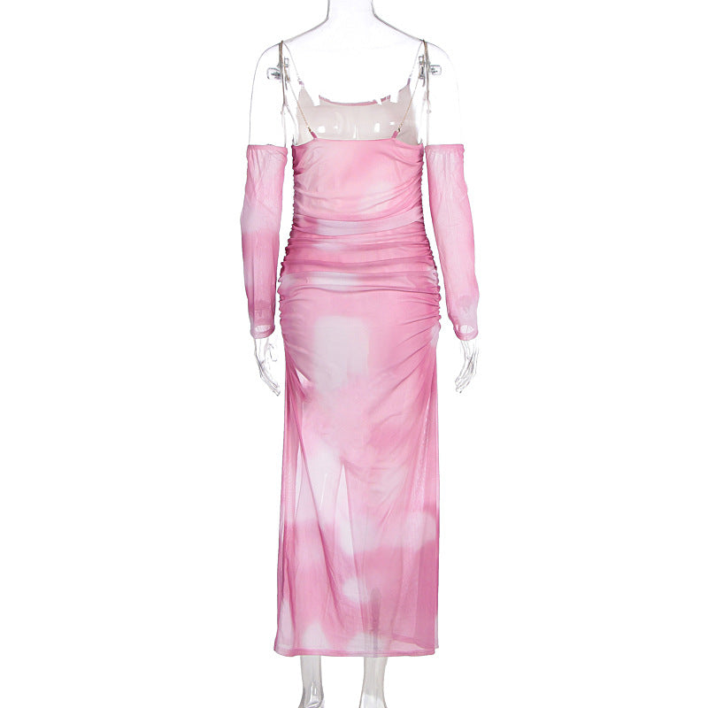 Ruched Mesh Off Shoulder Slit Maxi Dress - Pink - 5