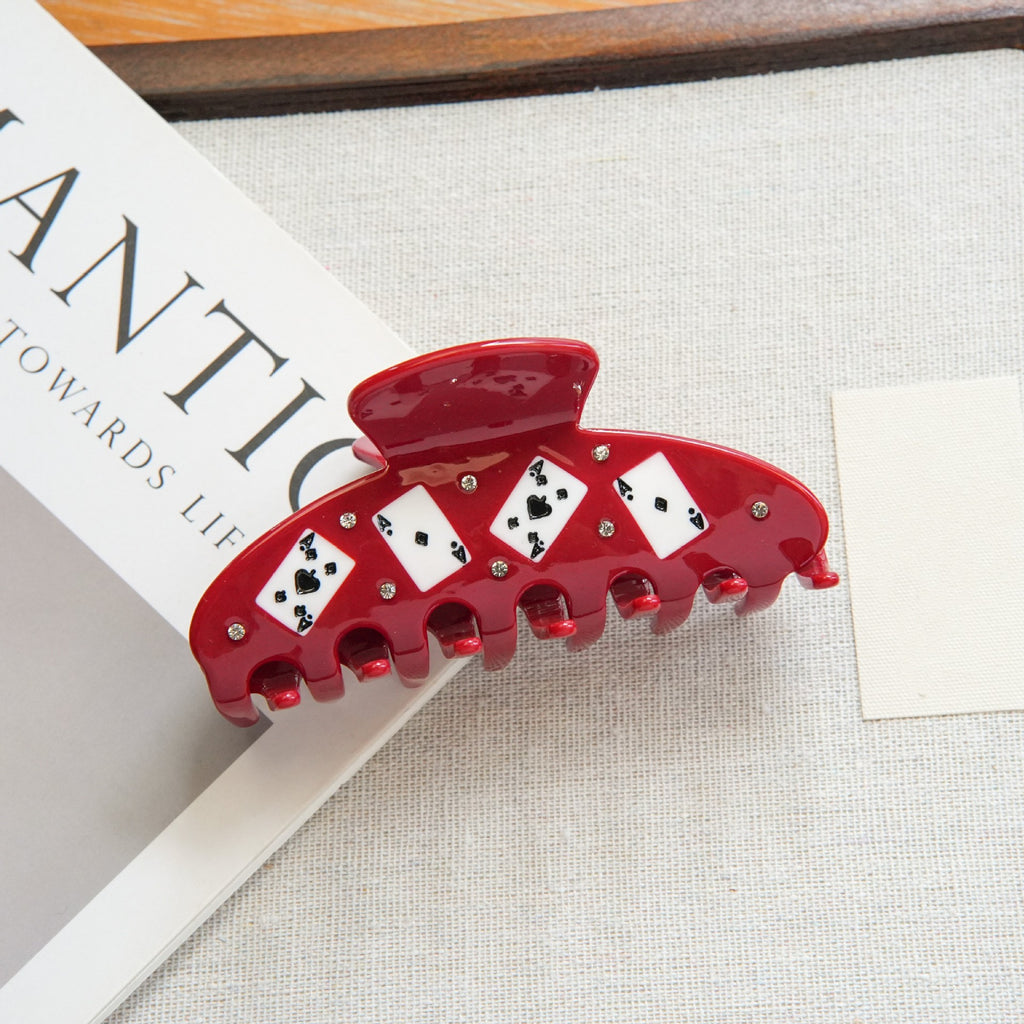 Red Playing Card Hair Claw Clip with Rhinestones - Color