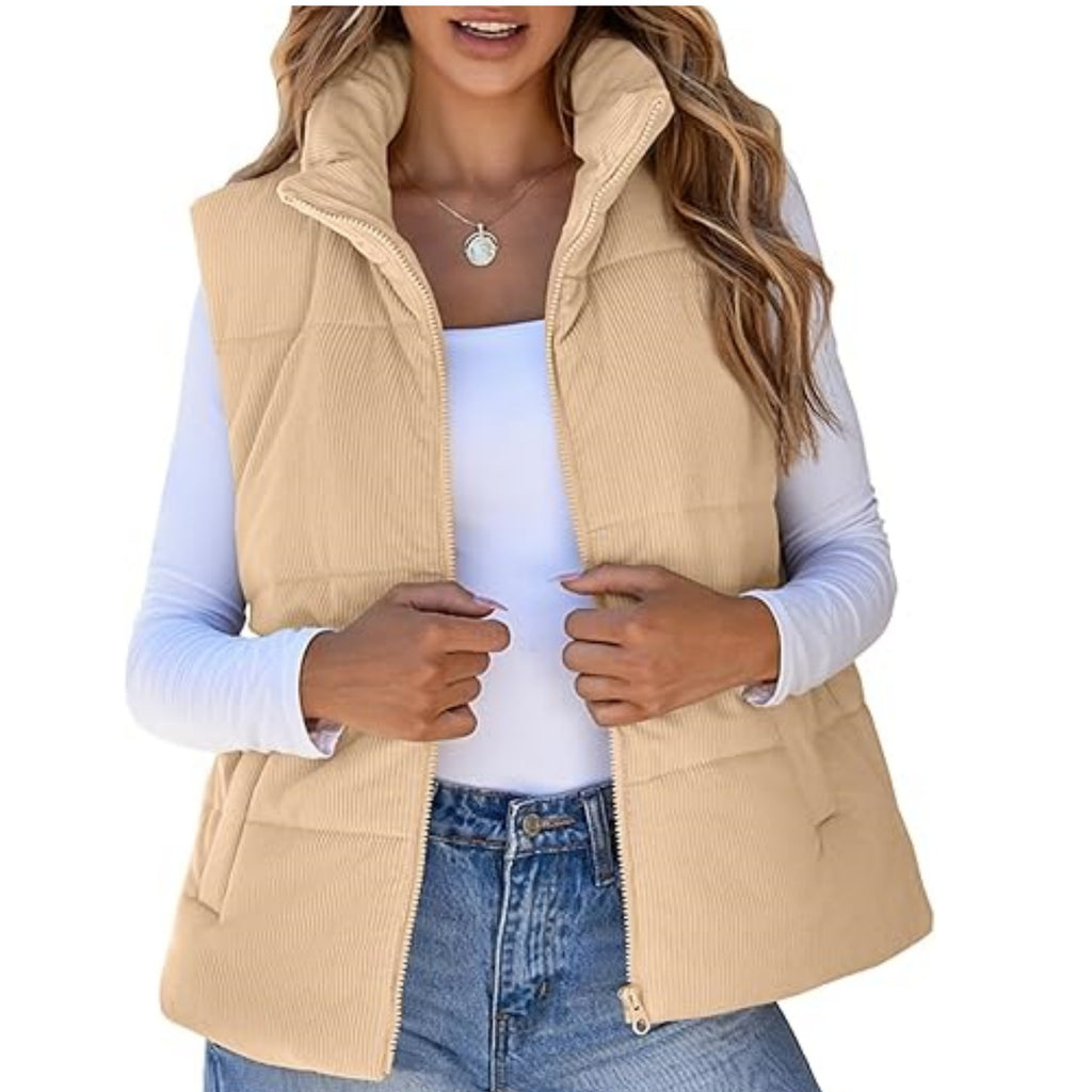 Cropped Puffer Vest With Stand Collar - Beige
