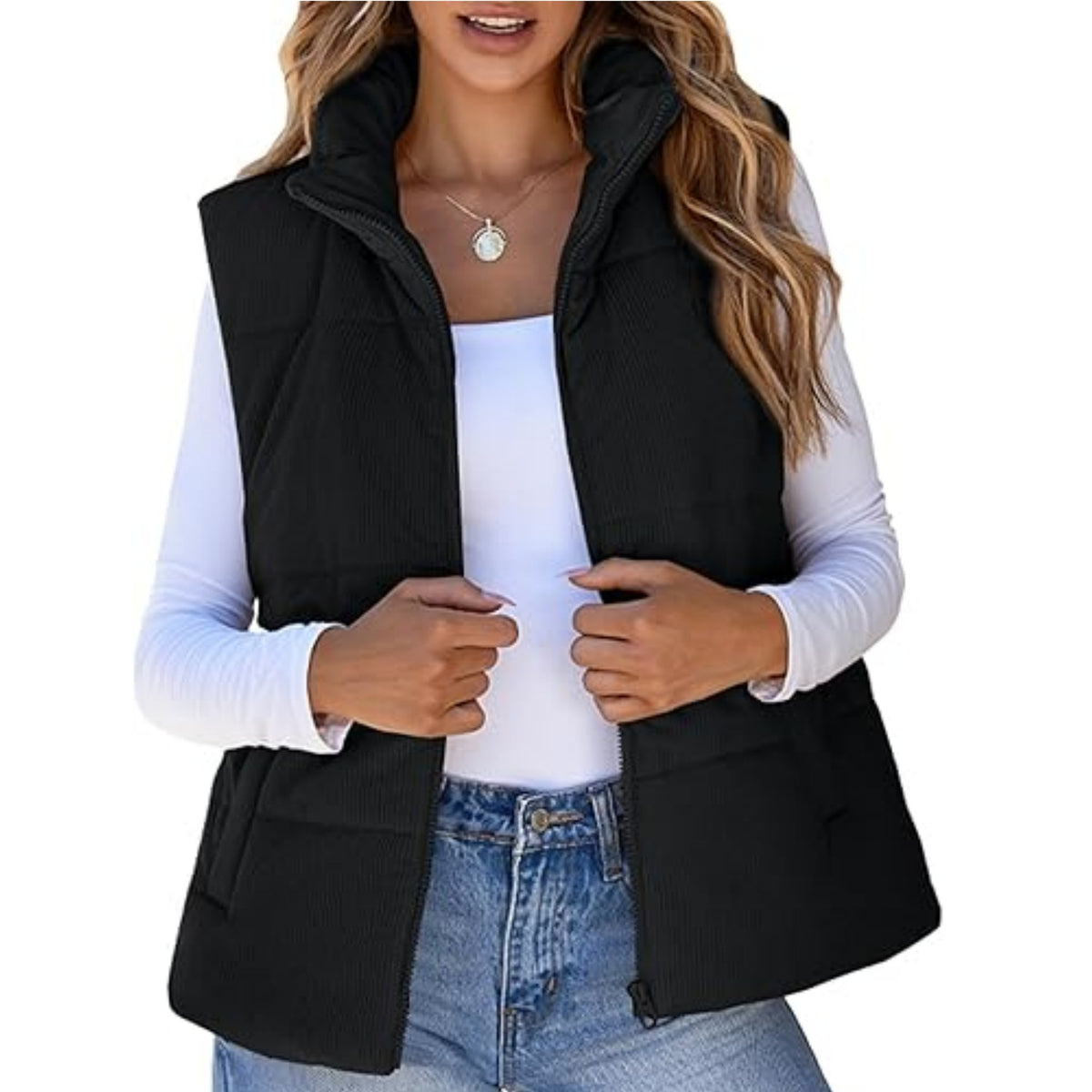 Cropped Puffer Vest With Stand Collar - Black