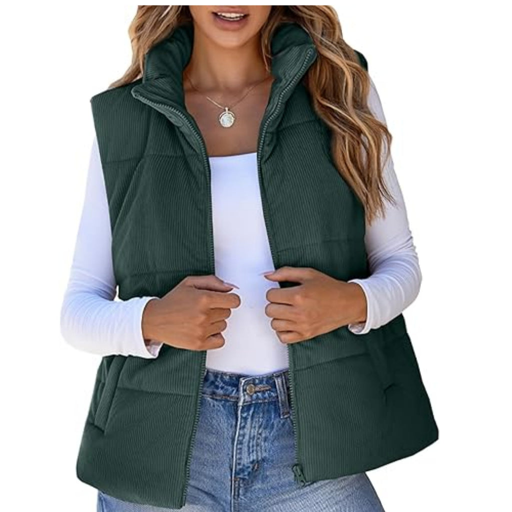 Cropped Puffer Vest With Stand Collar - Green
