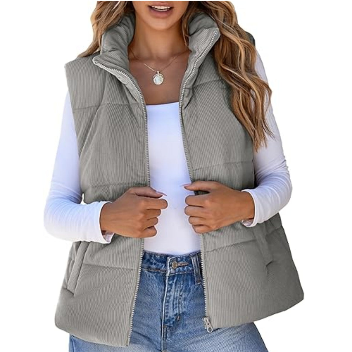Cropped Puffer Vest With Stand Collar - Grey