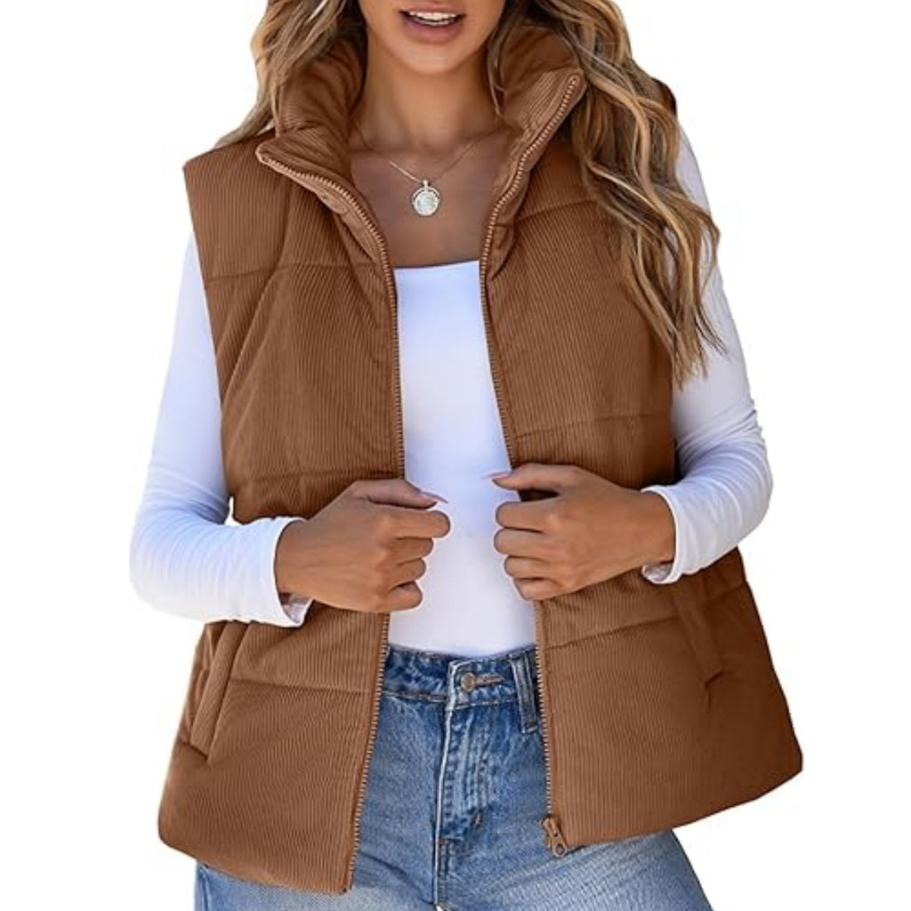 Cropped Puffer Vest With Stand Collar - brown