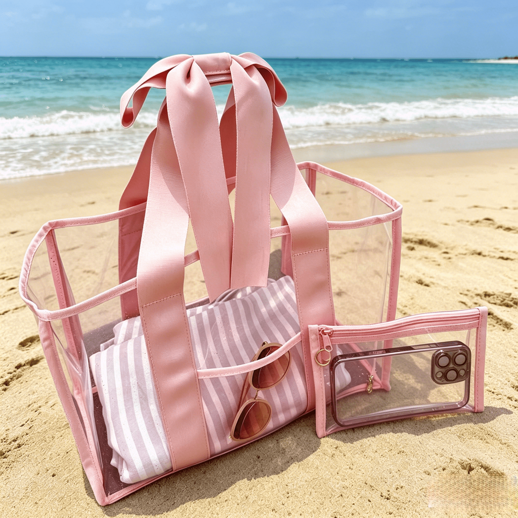 Transparent Beach Tote With Ribbon Ties - Pink