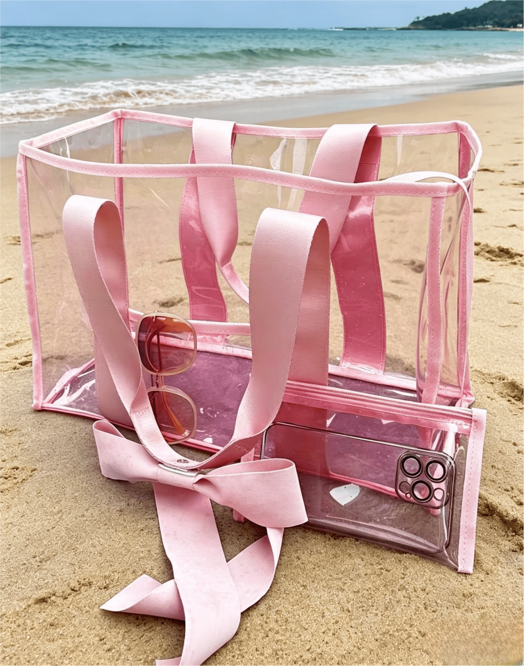Transparent Beach Tote With Ribbon Ties - Pink - 3