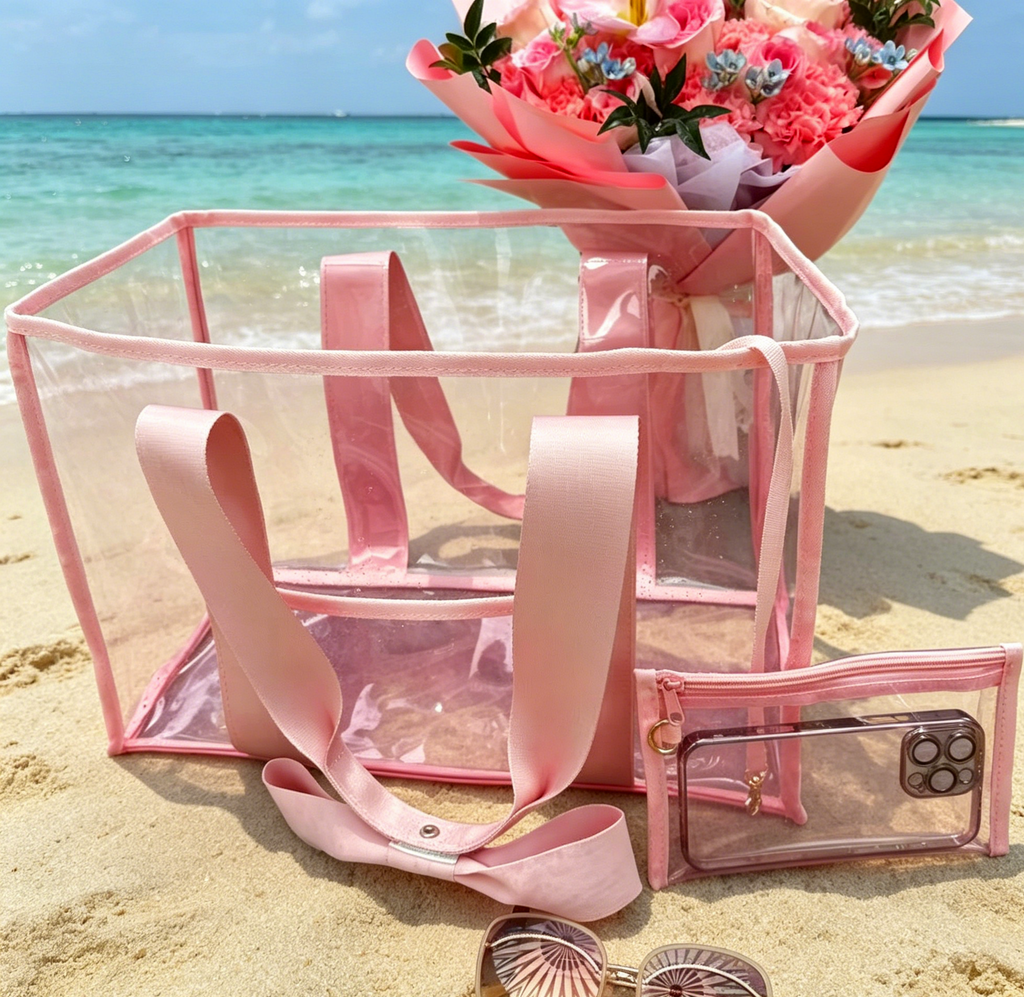 Transparent Beach Tote With Ribbon Ties - Pink - 4