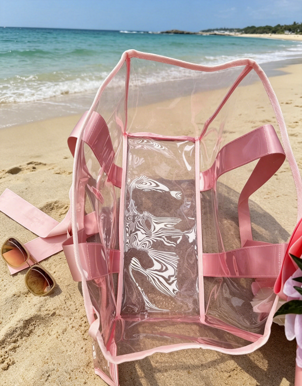 Transparent Beach Tote With Ribbon Ties - Pink - 5
