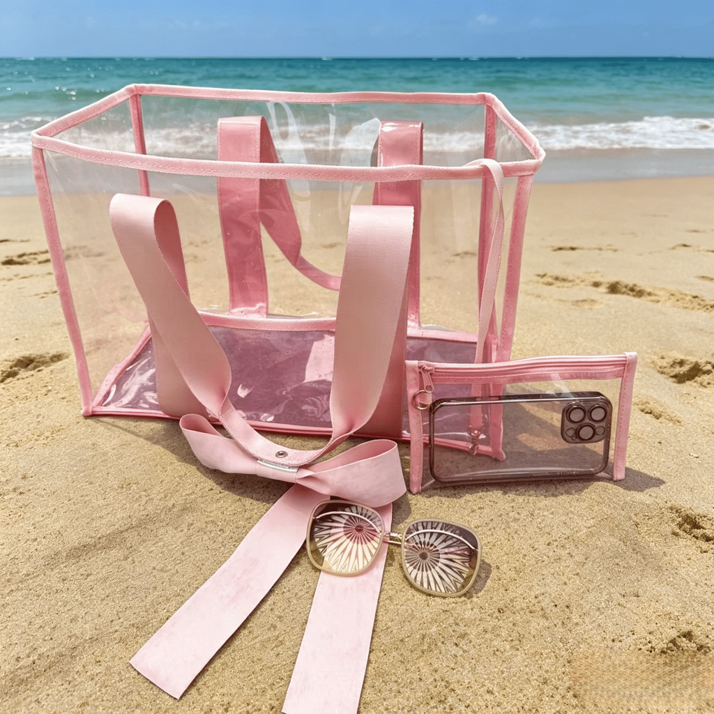Transparent Beach Tote With Ribbon Ties - Pink - 6
