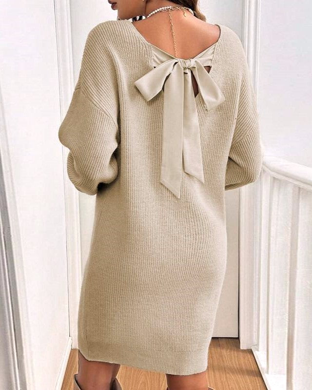 Back Bow Slouchy Knit Mini Dress - Beige