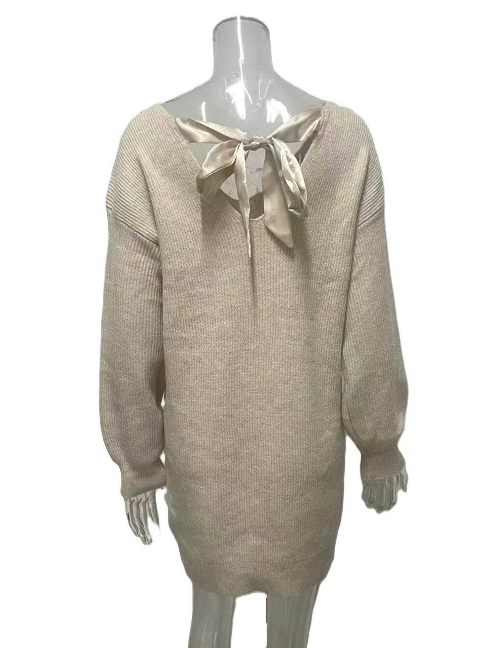 Back Bow Slouchy Knit Mini Dress - Beige - 2