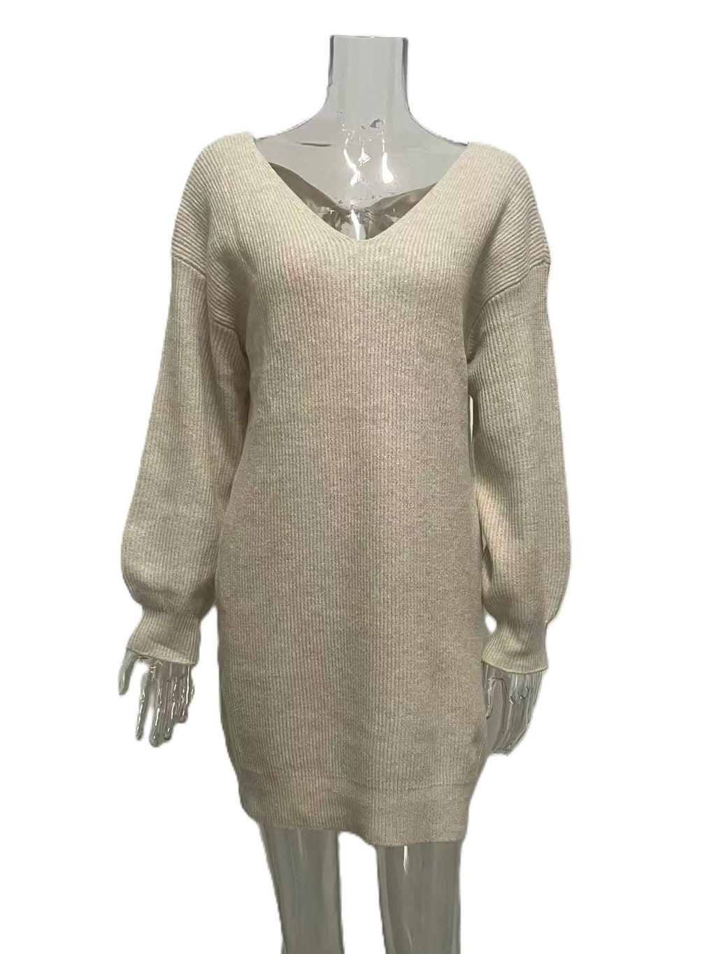 Back Bow Slouchy Knit Mini Dress - Beige - 3