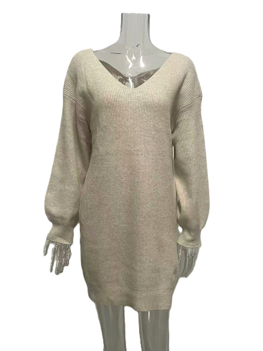 Back Bow Slouchy Knit Mini Dress - Beige - 3