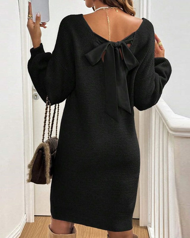 Back Bow Slouchy Knit Mini Dress - Black