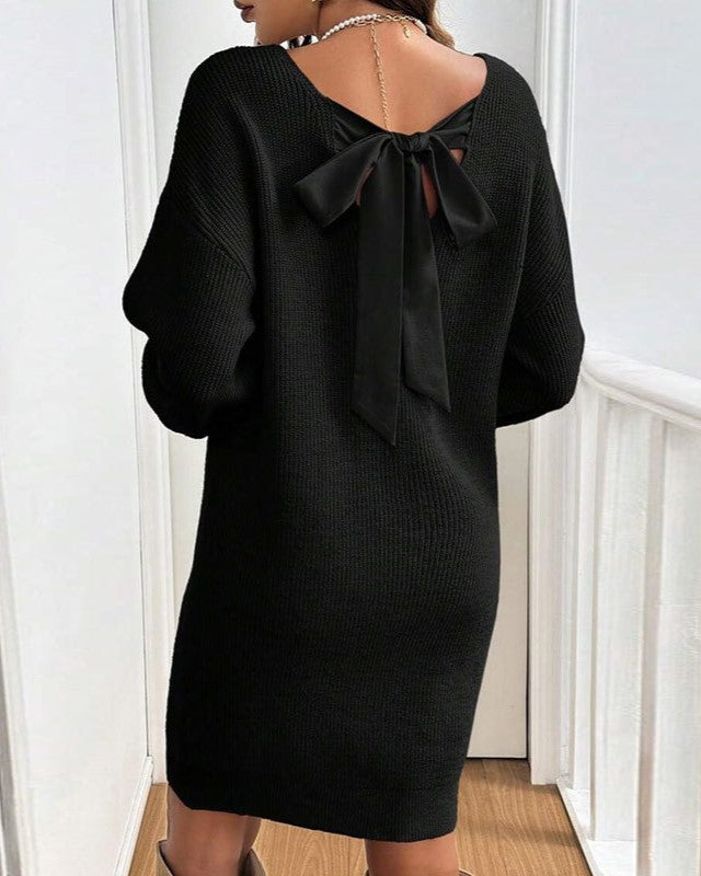 Back Bow Slouchy Knit Mini Dress - Black - 1