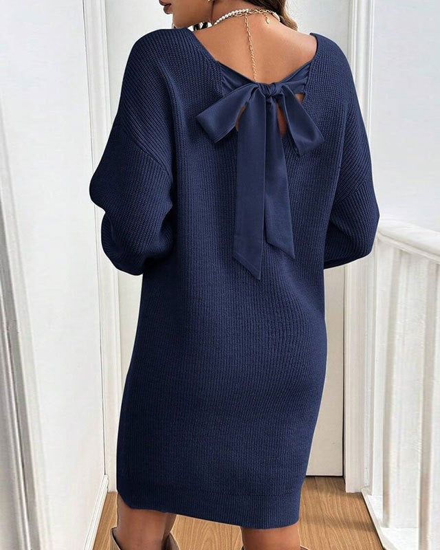 Back Bow Slouchy Knit Mini Dress - DarkBlue
